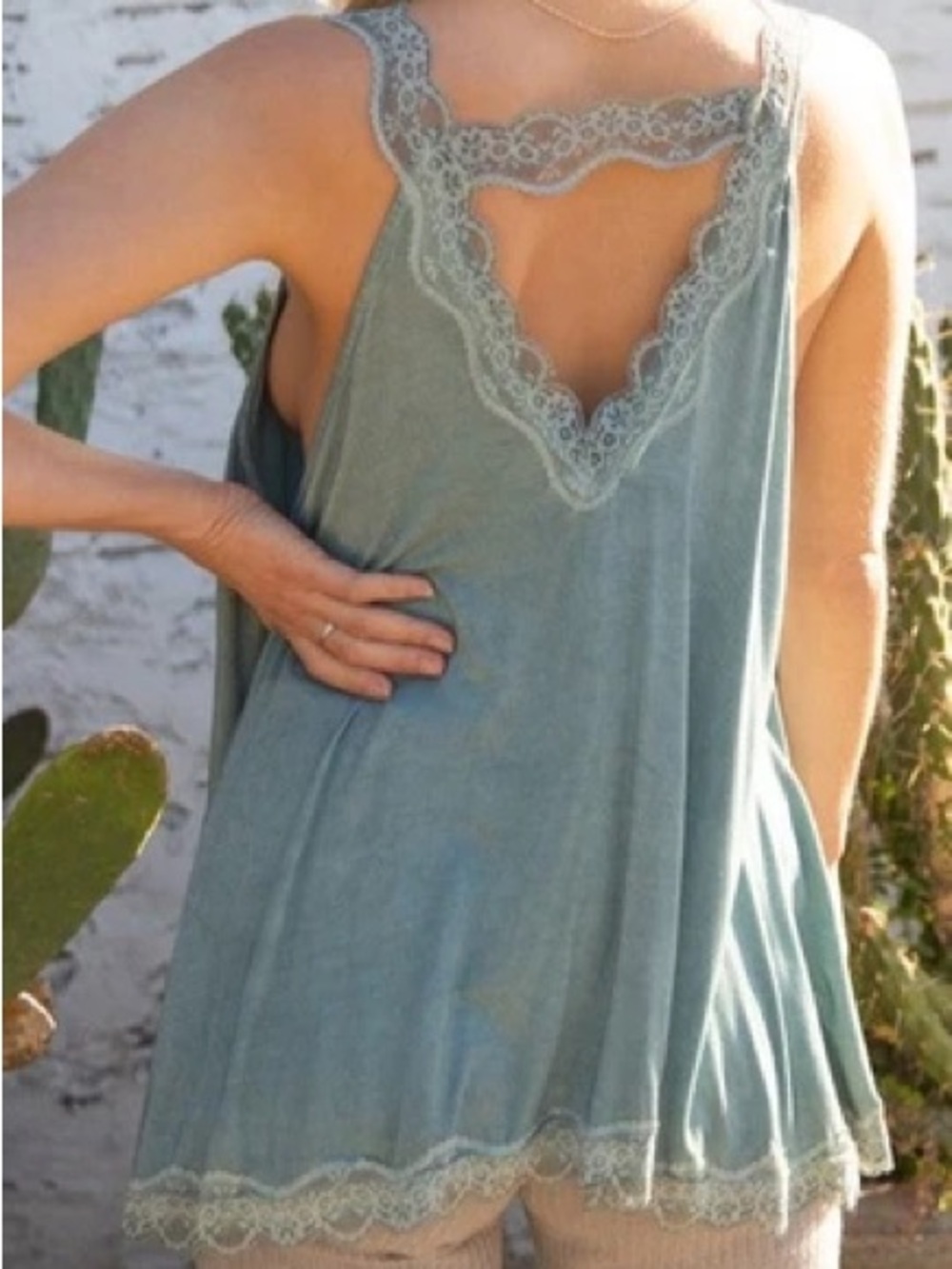POL Sage Green Lace-Trim Sleep Tank